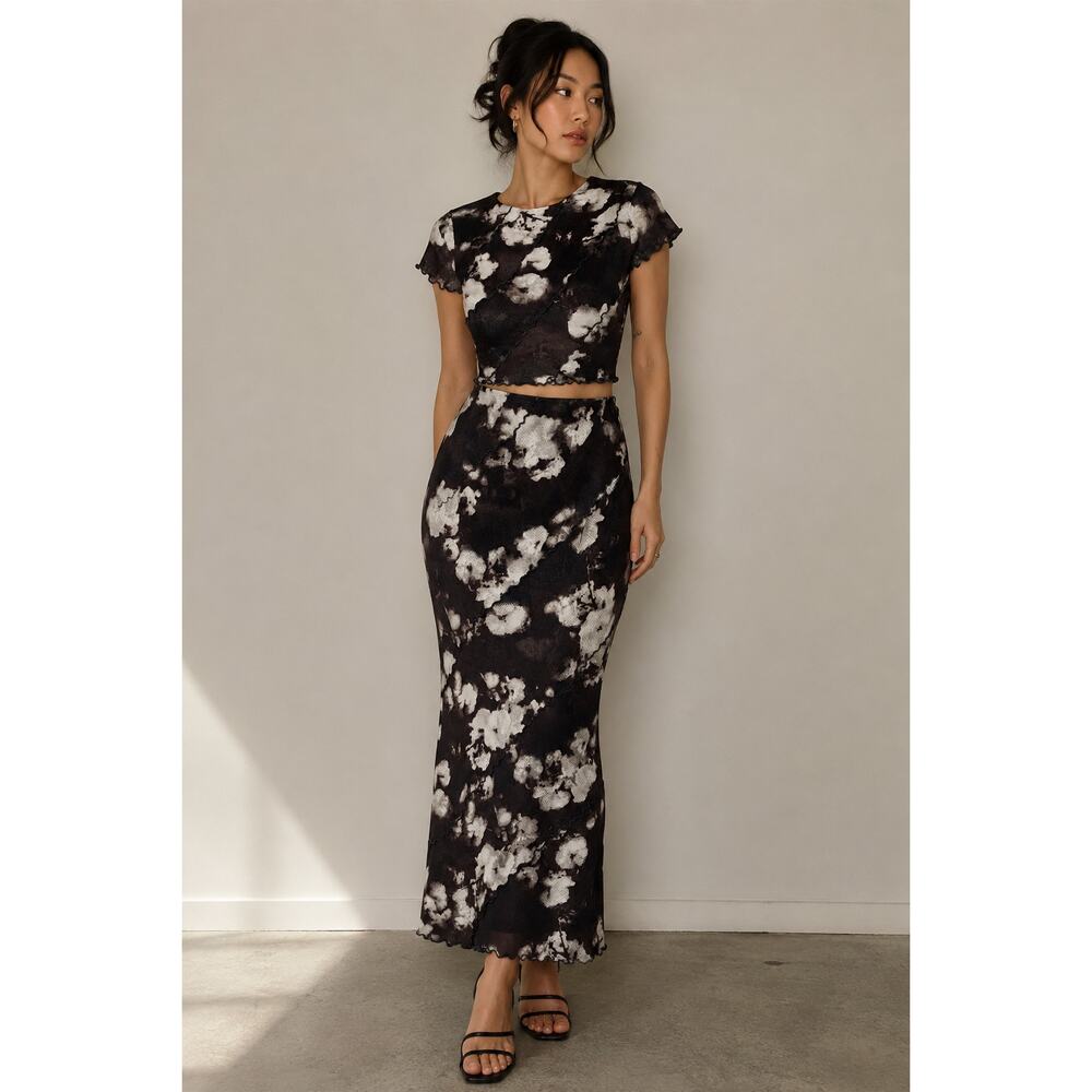 Thirty Thirty LA Y2K Inspired Floral Brown Cream Lettuce Hem 2 Piece Skirt Set